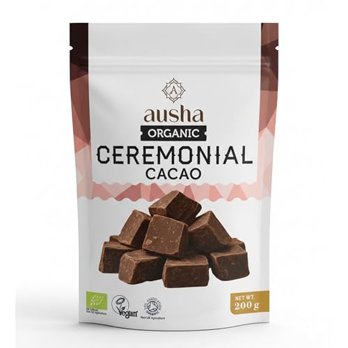 Ausha Organic Ceremonial Grade Cacao Paste 200g - Unsweetened Raw Criollo Cacao Variety from Peru - UK Certified Organic by Soil Association - Hot Chocolate Drink Add to Porridges - 100% Pure Cocoa