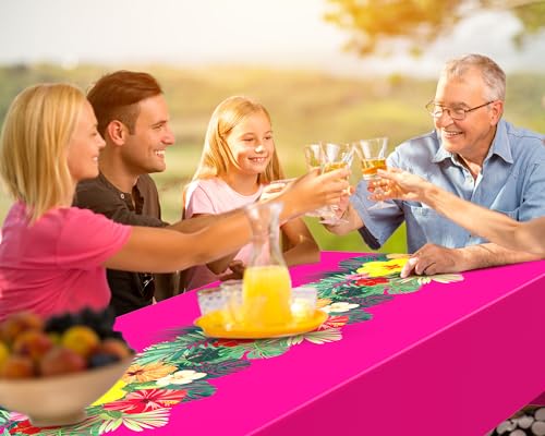 Image of Irenare 6 Sheets Hawaiian Luau Tablecloths for Party Decoration 54 x 108'' Tropical Palm Leaves Table Cloth Hawaii Disposable Rectangular Plastic Table Cover for Summer Beach (Rose Red)