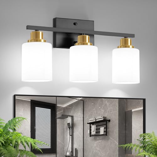 Image of Ascher Bathroom Light Fixtures, 3-Light Vanity Light Over Mirror, Black and Gold Wall Sconces with Milky White Frosted Glass Shades, Wall Lamp for Living Room Bedroom, E26 Base(Bulbs Not Included)