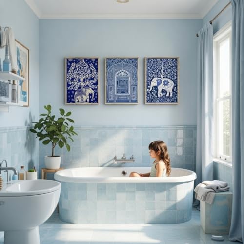 Image of Livin'luxe Set of 3 Blue Indian Heritage Wall Art Premium MDF Wooden color Color Framed HD Sparkle Lamination Printed Elephant Tree Palace Painting for Living Room Home Decor