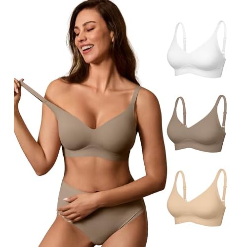 DEANGELMON Seamless Bras for Women No Underwire Comfortable Push Up Bra V Neck Wireless Bralette Full Coverage Wire Free Grey+skin+white XX-Large