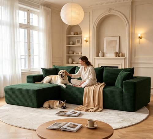 Image of Mangodan 110 inch Cloud Sectional Couch, Modular Sectional Sofa for Living Room, Boneless Sofa with Deep Seat, Comfy Fluffy Couch with L-Shaped Chaise, No Assembly Required (Left-Facing Chaise, Green)