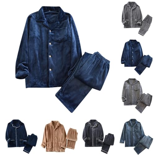 JiXiang Men Pajama Set Lightweight Fleece Long Sleeve Button-Down Sleepwear Soft Comfy Two-Piece Plush Warm Thick Lounge Set