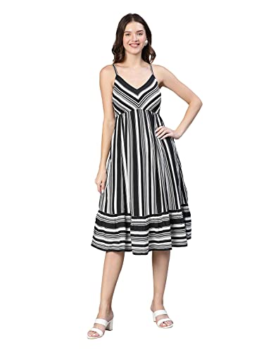 Image of oxolloxo Women Stripe Print Shoulder Strap Flared Dress