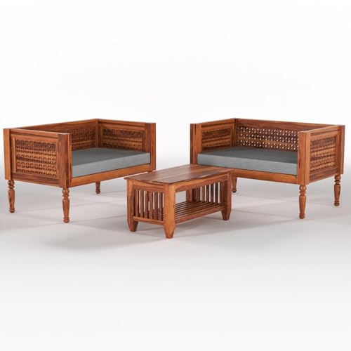 Image of Sheesham Wooden 4 Seater Sofa Set for Living Room | Rosewood Cushion | Solid Wood Sofa Set for Lounge (Honey with Grey Cushion, 4 Seater)