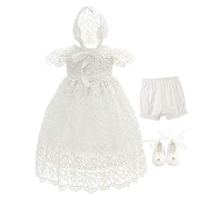 Bow Dream Baby Girls 4Pcs Gown and Bonnet Christening Baptism Dress Lace Baby Dress