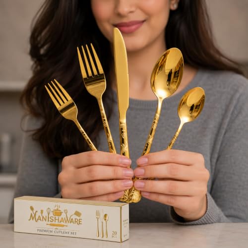 Image of Floral Gold 20 Pcs Stainless Steel Cutlery Set for Dining Table, Dishwasher Safe Glossy Flatware (4 Spoon Set+4 Forks Set+4 Butter Knife+4 Dessert Spoon+ 4 FruitFork)