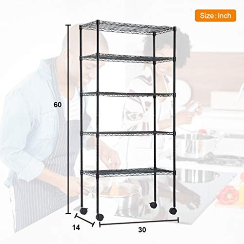 image for BestOffice | 5-Tier Wire Storage Shelves with Wheels | 14x30x60 | Blac