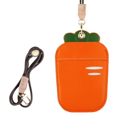 AXFEE Lanyard with Card Holder, Cute Creative PU Leather Keychain, Portable Cartoon Carrot Protector with Detachable Lanyard