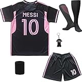 % 100 Polyester DMDMK Miami Messi #10 2023/2024 Auswärts Trikot Shorts und Socken Kinder und Jugend Größe (Miami Black, 28 (11-12 Jahre))
