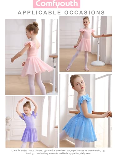 Comfyouth Ballettkleidung Ballettkleid Mädchen Rüschenärmeliger Ballett Turnanzug mit Abnehmbarem Rock Glitzer Ballettanzug für Kinder 2-11 Jahre