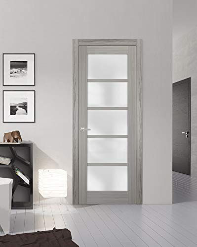 SARTODOORS Solid French Door Frosted Glass 18 x 84 inches | Quadro 4002 Grey Ash | Single Regular Panel Frame Trims Handle | Bathroom Bedroom Sturdy Doors