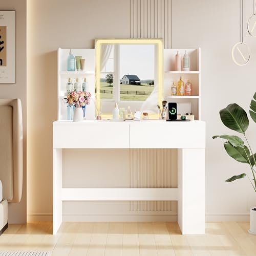 Image of YESHOMY 35.4 Inch Vanity Desk with LED Mirror&Lights Classic White