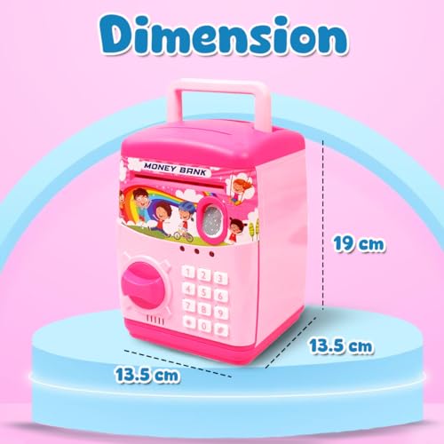 Image of Wembley Finger Print Sensor ATM Piggy Bank for Kids Girl Boys Gullak for Money Bank with Password & Music Auto Scroll Money Saving Box with Coin Cash Slot Gifts for Kids - Pink