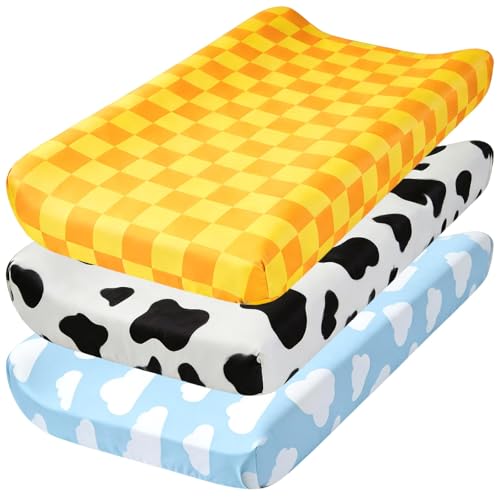 Image of 3 Pack Baby Changing Pad Cover for Boys Girls Blue Sky and White Cloud Cow Print Nursery Diaper Change Table Sheets Fitted 32''x16'' Changing Table Pad Bassinet Mattress
