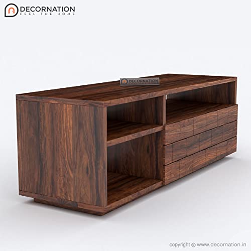 Image of DecorNation Illias Solid Wood TV Unit Table with Storage - 3 Open Shelves for Living Room, Bedroom, Office Furniture Stand (58 inch x 18 inch x 20 inch, Brown)