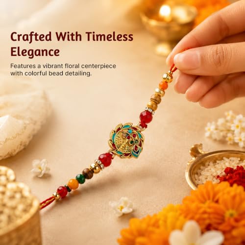 Image of Avyaan Handmade Floral Bead Rakhi for Brother | Traditional Beaded Thread with Decorative Floral Centerpiece | Soft Skin-Friendly Material | Comfortable, Lightweight & Durable | Ideal for Raksha Bandhan