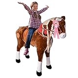 TE-Trend Pferde Spielzeug Schaukelpferd Pferd zum draufsitzen Stehpferd mit Reitpferd Zubehör Turnierschleife Spielpferd zum Reiten als Mädchen Geschenk mit 112cm Kopfhöhe braun