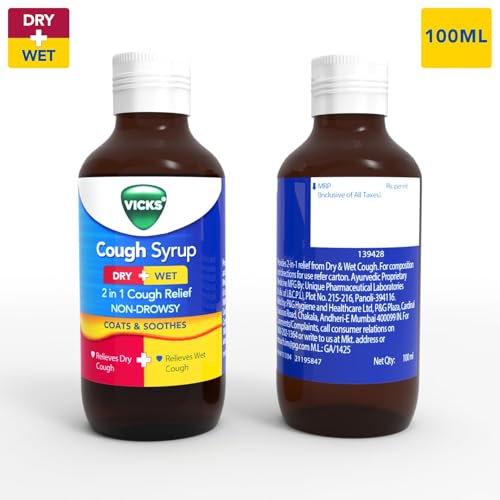 Image of Vicks Cough Syrup, 100ml Bottle - Fast Relief for Dry & Chesty Coughs with Tulsi & Ginger, Ayurvedic Ingredients, Non-Drowsy Formula, Easy to Carry, Over-The-Counter (OTC)