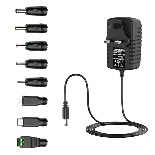 12v ac adapter power supply charger with 8 DC plug tips ac to dc12v 2a 1.5a 1a 800ma 600ma 500ma 400ma 200ma 100ma power cord 12volt converter inverter ac-dc adapter (Black)
