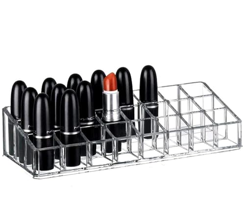 Image of SKDBPM KDR Plastic Cosmetic Shelf Stand Case Grid Squares Lipstick Holder Showcase Stand Organizer Makeup Storage Box (Transparent) (24 LIPSTICK HOLDER)