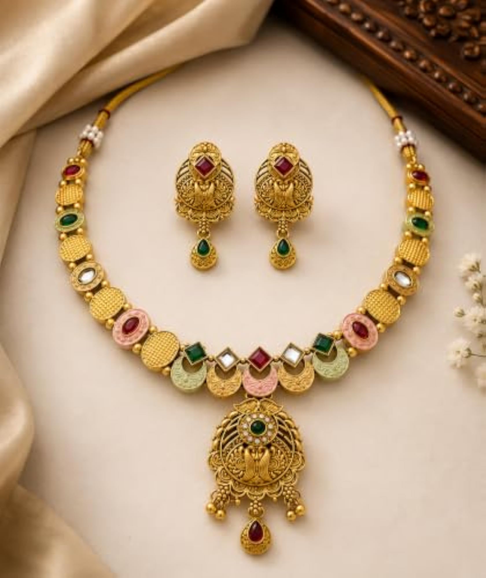 Gold Plated Multicolor Enamel Necklace Set with Earrings