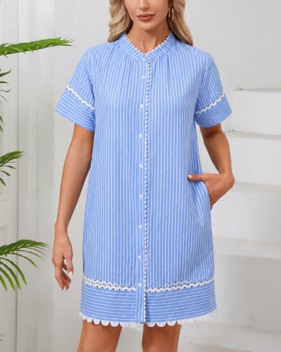 Image of Women's Summer Shirt Dress Short Sleeve Button Down Mini Tie Waist Belted Tunic with Pockets RIC Rac Trim