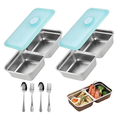 HKebe Grab and Go Snack Containers Reusable, Stainless Steel Double Compartment Snack Containers with Stainless Steel Knife and Fork, Metal Container with Lids for Snacks Dips Outdoor Camping (2)