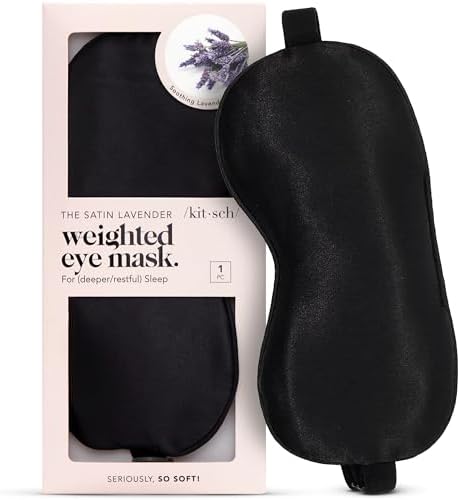 Kitsch Lavender Weighted Satin Eye Mask, Softer Than Silk, Adjustable Eye Mask for Sleeping, Satin Blindfold (Black)