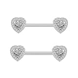 14G Dainty CZ Love Heart Nipple Rings Tongue Ring Surgical Steel Nipple rings Piercing Women Barbells 2Pcs 25/8'(16mm) (Silver)