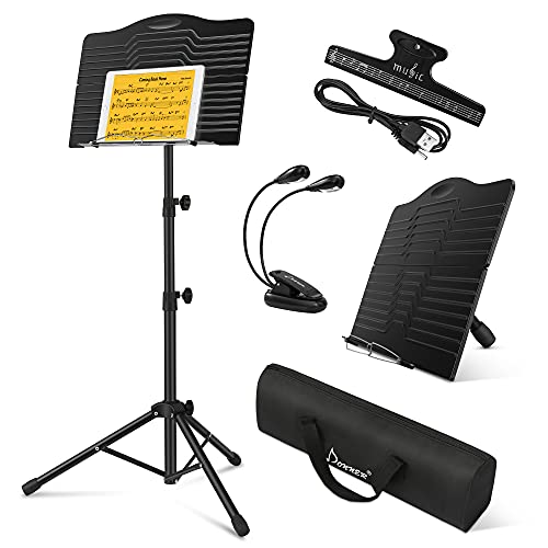Donner Sheet Music Stand with Light, DMS-1 Portable Metal Ipad Music Stand, Tabletop Music Book Stand for Guitar, Ukulele, Violin Players