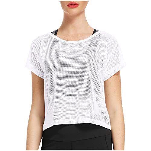 Camisetas de Mujer Cuello Redondo Malla Transparente Mallas Manga Corta Color sólido Crop Top Net Camiseta (White, M)