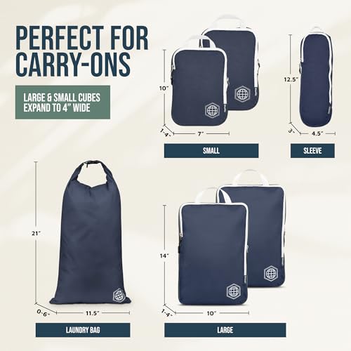 Image of Compression Packing Cubes Set for Carryon Suitcases- Lightweight, Durable Clothes Organizer, Nautical Navy (Navy Blue and White), 6 Piece