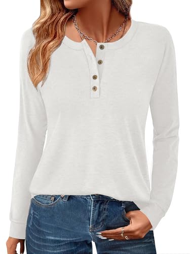 GKBK Womens Henley Tops Long Sleeve Shirts Button Pullover Loose Fit Henley Neck Lightweight Tunic Blouse White L