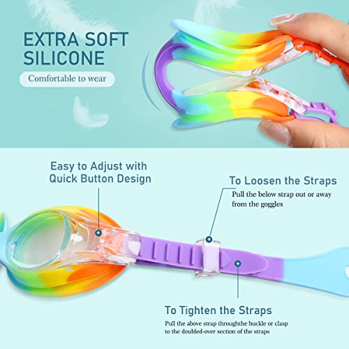 Besmall 2 Pack Kids Swimming Goggles Child Clear Swim Goggles Leak Proof Water Glasses With Case For Children Girls Boys Teens For Age 4-10 (Pink&Rainbow) #TOP1