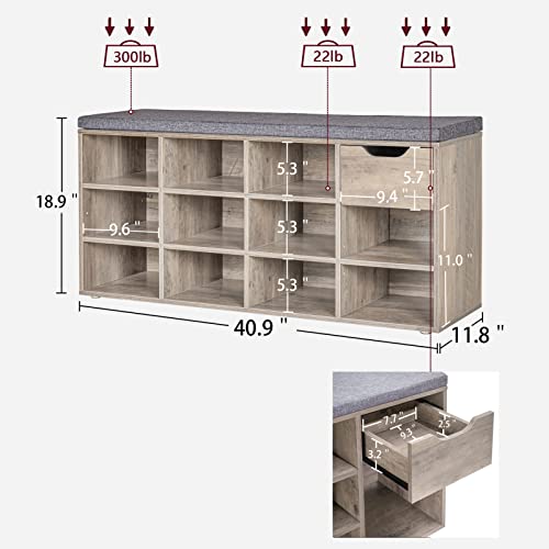 Dinzi Lvj Shoe Bench, Entryway Storage Bench With Drawer And 11 Cubbies, Cubby Shoe Rack With Adjustable Shelves, Shoe Organizer Cabinet For Living Room, Bedroom, Mudroom, Closet And Garage, Greige #TOP2
