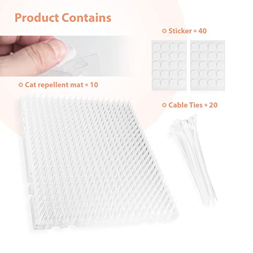 Yalanle 10 Pieces Cat Repellent Indoor/Outdoor Mat Pet Deterrent Scat Mats With 20 Cable Ties, 40Pcs Tape, Spike Deterrent Training Pet Mat For Pets Supplies ,16 X 13 Inch #TOP3