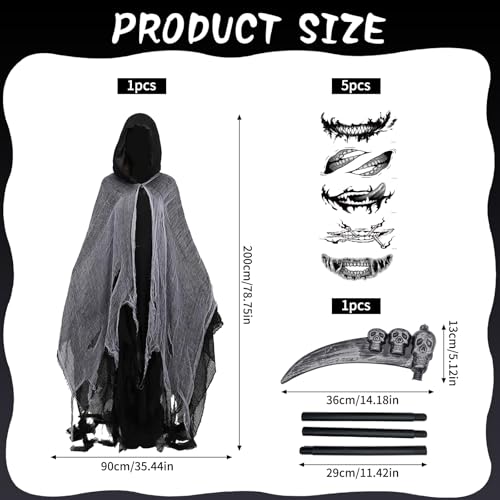 HIQE-FL Sensenmann Kostüm,Sensenmann Kostüm Herren,Halloween Kostüm Sensenmann,Halloween Sensenmann Kostüm,Halloween Sensenmann Herren,Geister Kit,Herren Sensenmann Halloween Kostüm