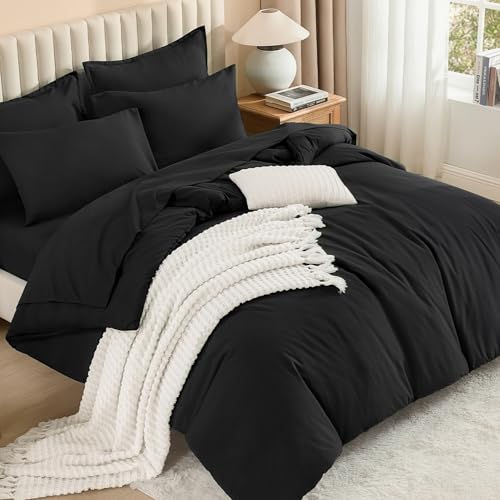 Image of Litanika Comforter King Size Set Black - 7 Pieces Bed in a Bag King Bedding Comforter Sets, Plain Lightweight Bed Set with Comforter, Sheets, Pillowcases & Shams