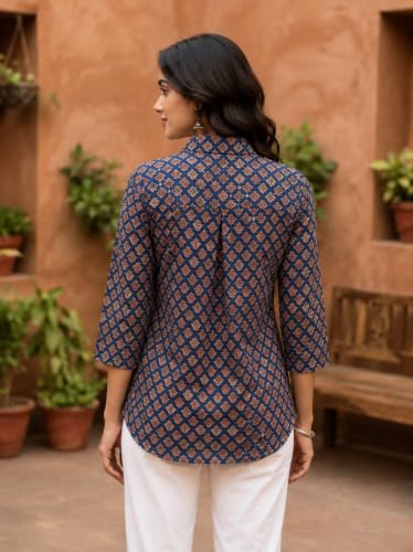 Image of Pure Cotton Long Hemline Shirt for Women Beautiful Printed Collared Neck Casual Western Shirt Top Formal Office Wear