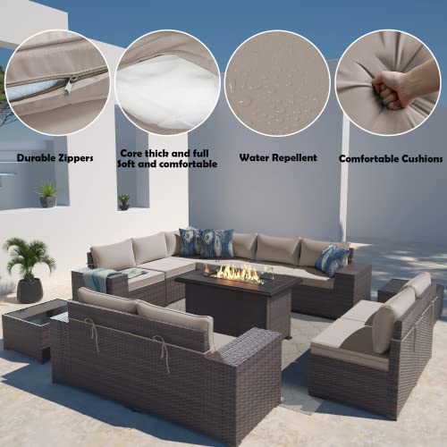 Gotland 13 Piece Large Outdoor Furniture Set, 10 Seater Wicker Patio Furniture Set, All Weather Deck Wicker Conversation Set With 43" Fire Pit Table Has 10 Sofa Seats, 2 Coffee Tables And 4" Cushion’ #TOP3