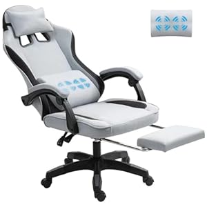 Fabric Massage Gaming Chair, Fabric Ergonomic Computer Chair, Video Game Chair, Massage Office Chair, Desk Swivel Chair, Adjustable, Reclining, Footrest, Massage Cushion, Fabric Material, Grey, New