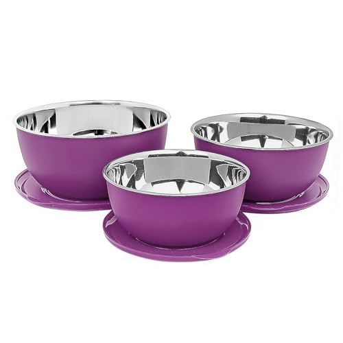 Image of Zaib Stainless Steel Microsafe Mixing Bowl Set with Lid, Purple, Set of 3 | Kitchen Food Storage, Serving & Reheating | Steel Inside Plastic Outside | Stackable (Classic Purple)
