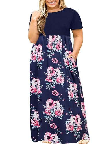 Image of Kancystore Women's Plus Size Maxi Dress with Pockets Summer Dresses XL-5X | Plus Size High Waisted Long Length Beach Dress, Empire Waist Round Neck Casual Dress, Solid Striped Floral Tie Dye Colors