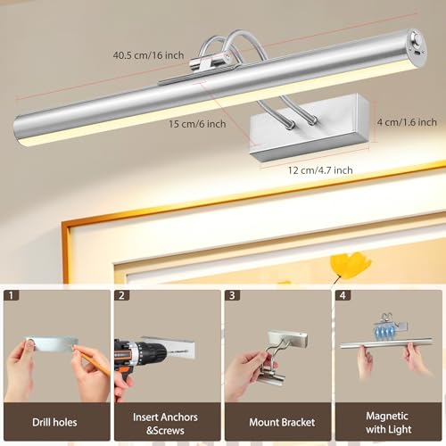 Image of RAIFOOLLY Picture Light,Magnetic Wall Lights 5000mAh,16 inch Art Light for Painting,Nickel