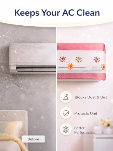 Image of Premium Cotton Net Split AC Cover for 1.5 Ton Indoor Unit | Designer Summer AC Dust Protection Cover | Stylish Protective AC Cover | 38 x 15.35 x 7.8 In | Pink Flower