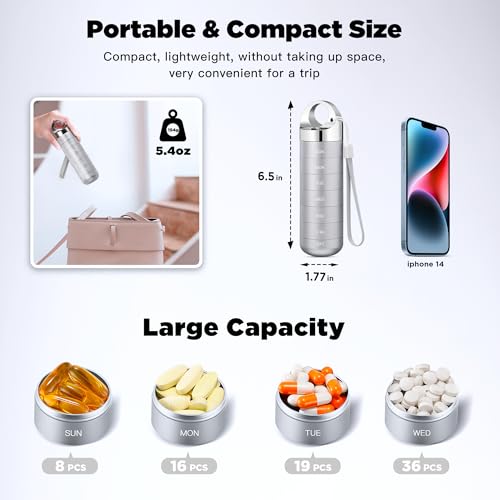Image of Zannaki Metal Travel Pill Organizer, Portable Waterproof Weekly Pill Box, Large Aluminum Alloy Pill Case Container, BPA Free 7 Day Daily Medicine Organizer Holder for Vitamin, Fish Oil, Supplement
