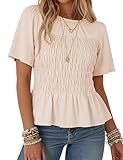 Watashi Women Summer Tops Smocked Elastic Pleated Peplum Ruffle Hem Short Sleeve Babydoll Top Casual Crewneck Blouse(Apricot-L)