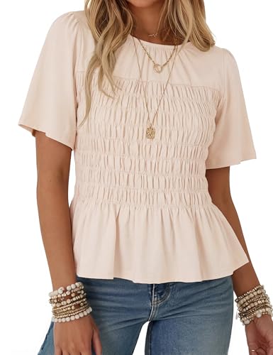 Watashi Women Summer Blouse Smocked Peplum Babydoll Tops(Apricot-XS)
