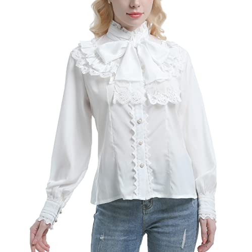 CR ROLECOS Viktorianische Steam Punk Bluse Damenbluse mit hohem Kragen und Spitze, gekräuselte Hemdoberteile Weiß M Cover